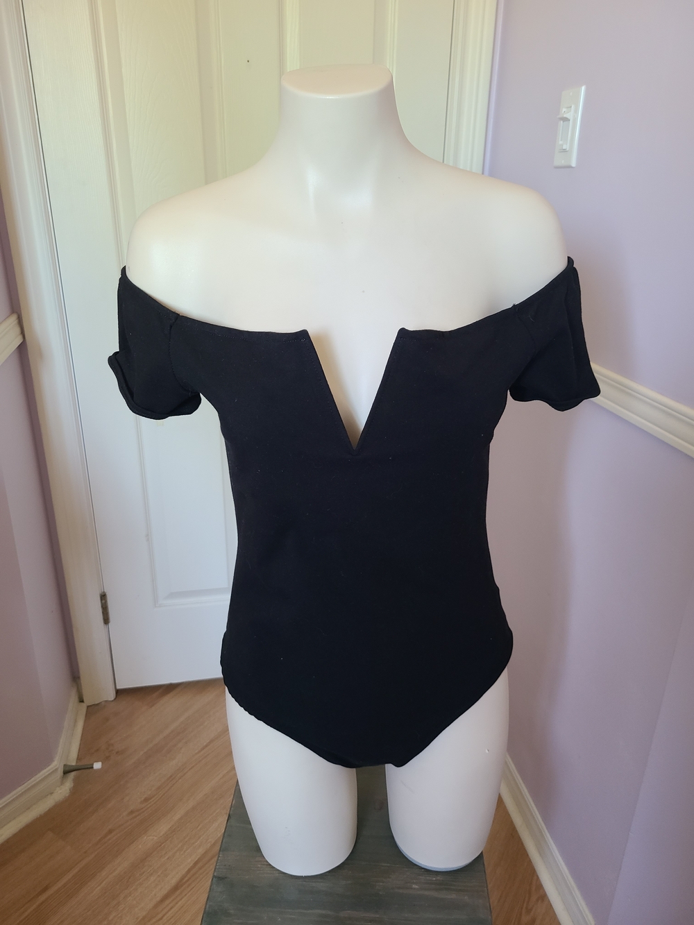 Off-Shoulder Black V-Notch Women's Top